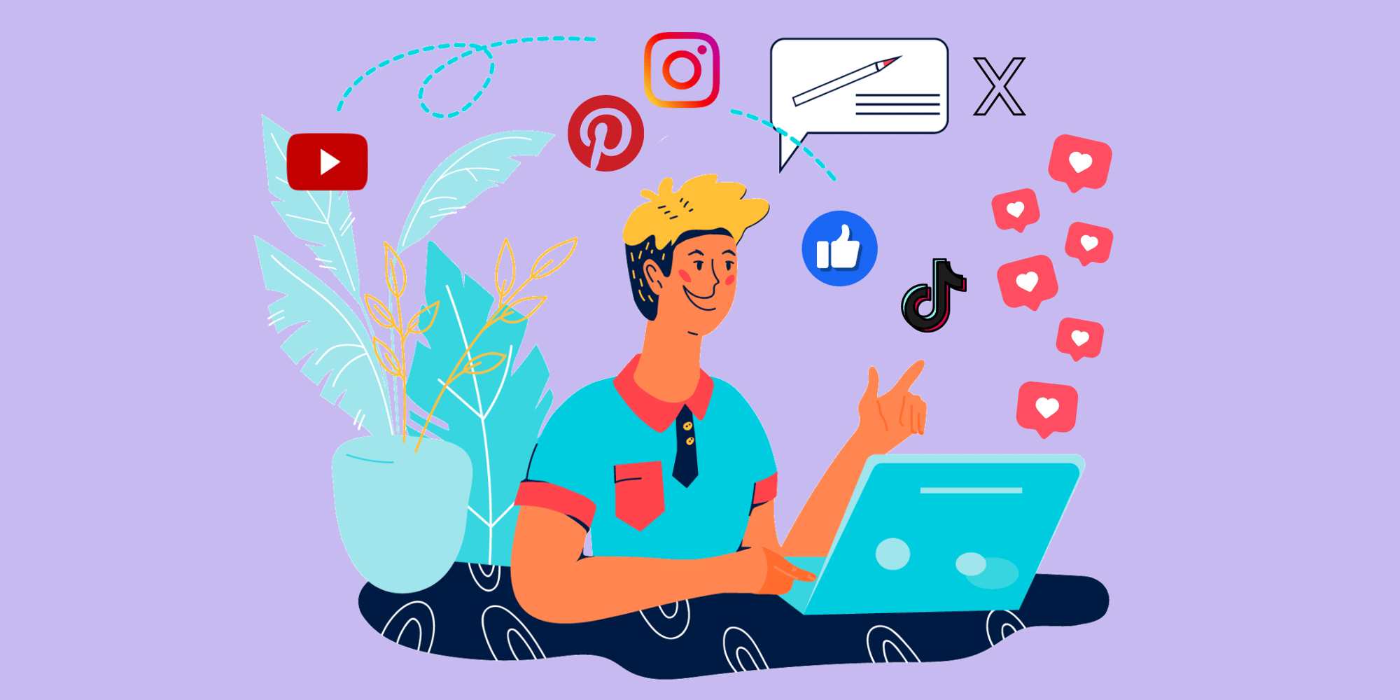 Illustration eines Mannes, der am Laptop sitzt. Um ihn herum fliegen verschiedene Social Media Icons.