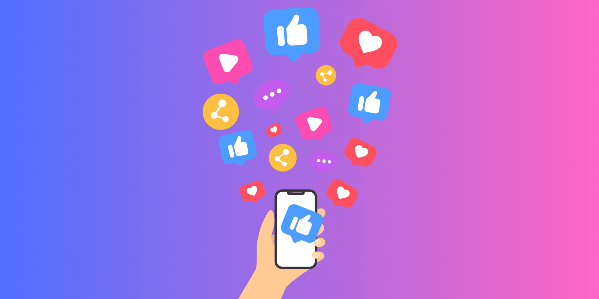 Illustration von einer Hand, die ein Handy hält. Aus dem Telefon fliegen verschiedene bunte Social Media Icons.