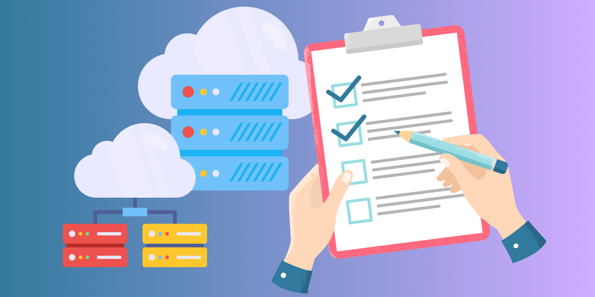 Illustration einiger Server mit Wolken neben einer Hand die eine Checkliste abhakt.